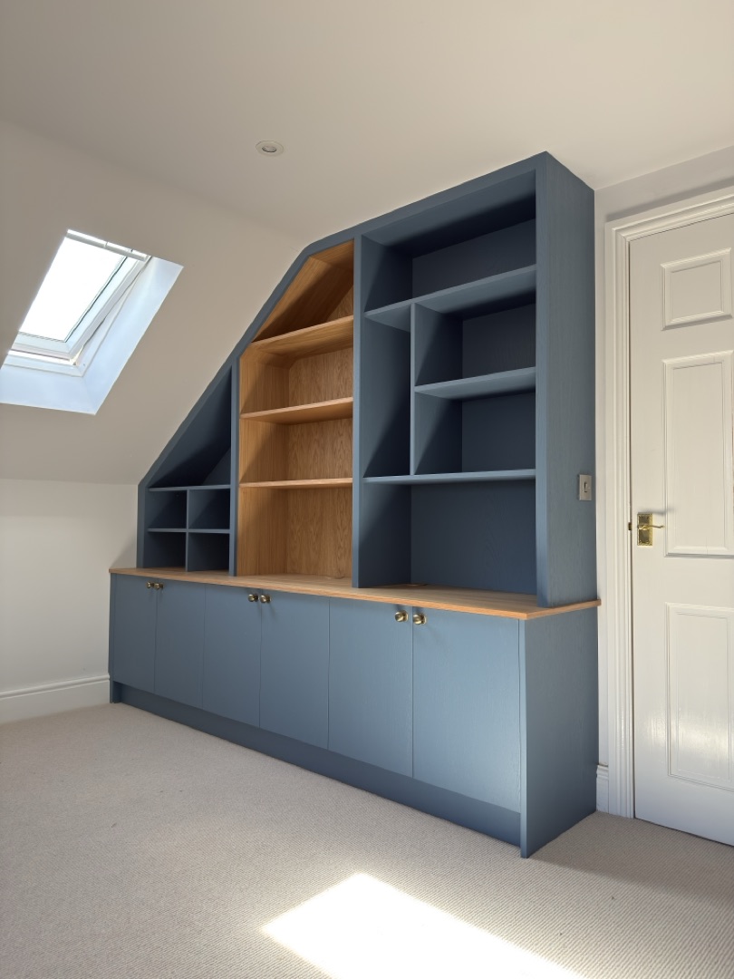 Watermill Lodge — blue and oak under-eaves home office, full unit