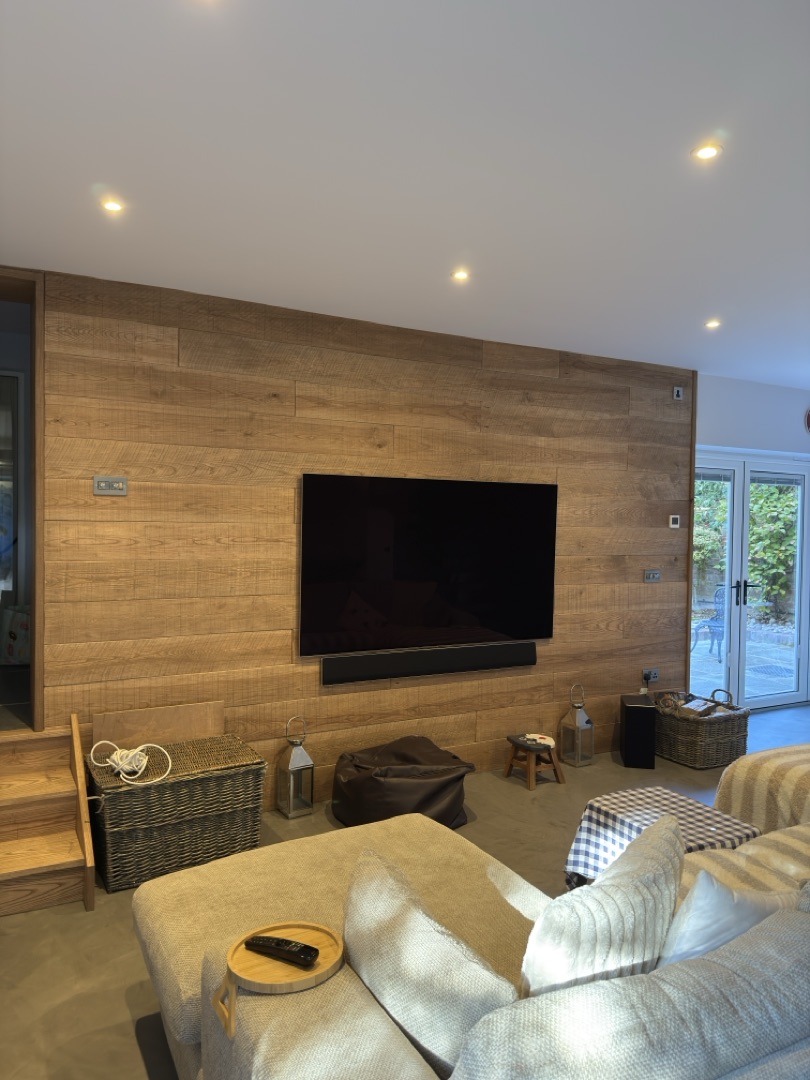 Watermill Lodge — oak media wall wider angle view