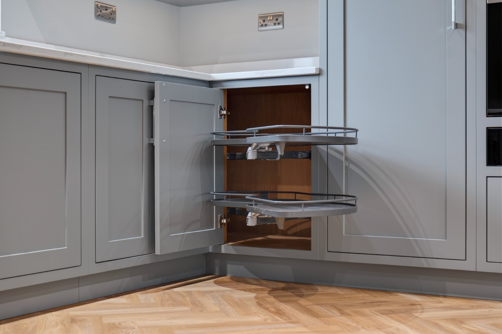 Le Mans corner storage system in bespoke kitchen — intelligent kitchen design