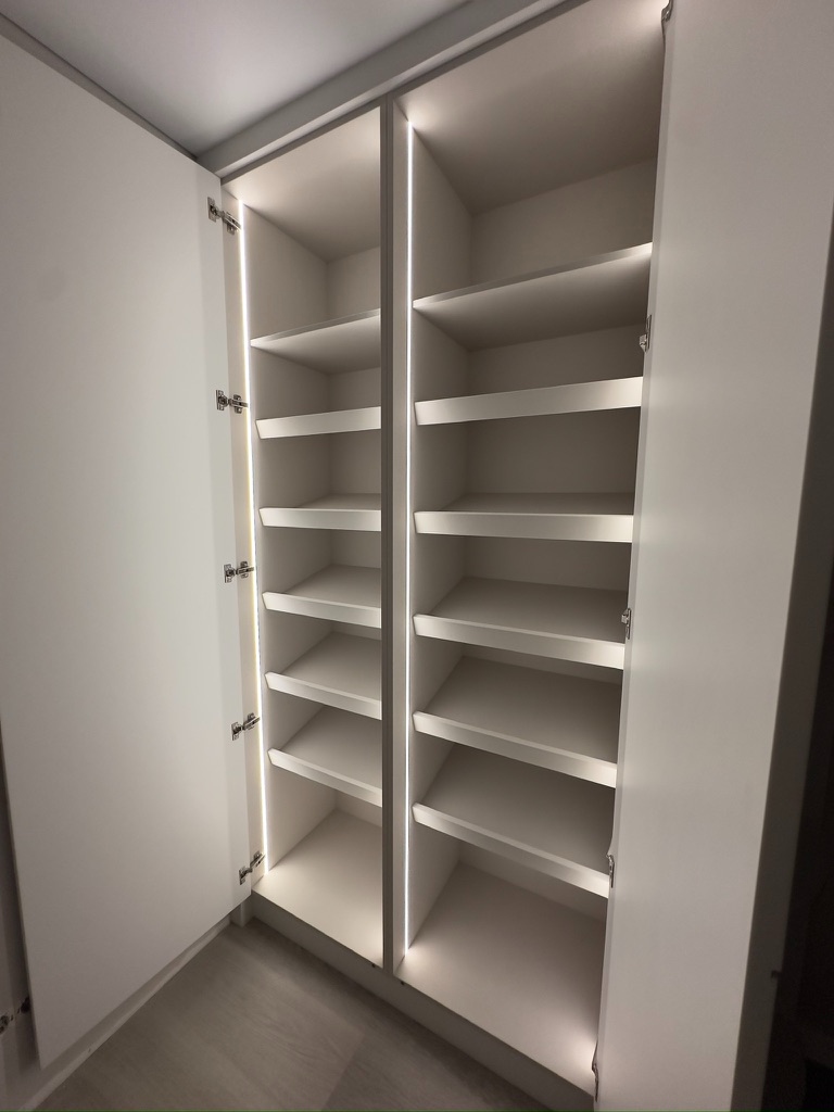 Wardrobe interior with LED strip lighting and adjustable shelving