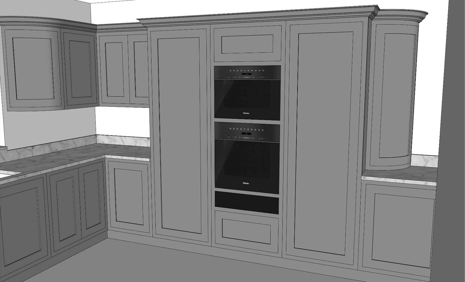 3D CAD kitchen design showing in-frame shaker cabinetry with Miele appliance tower and curved corner units