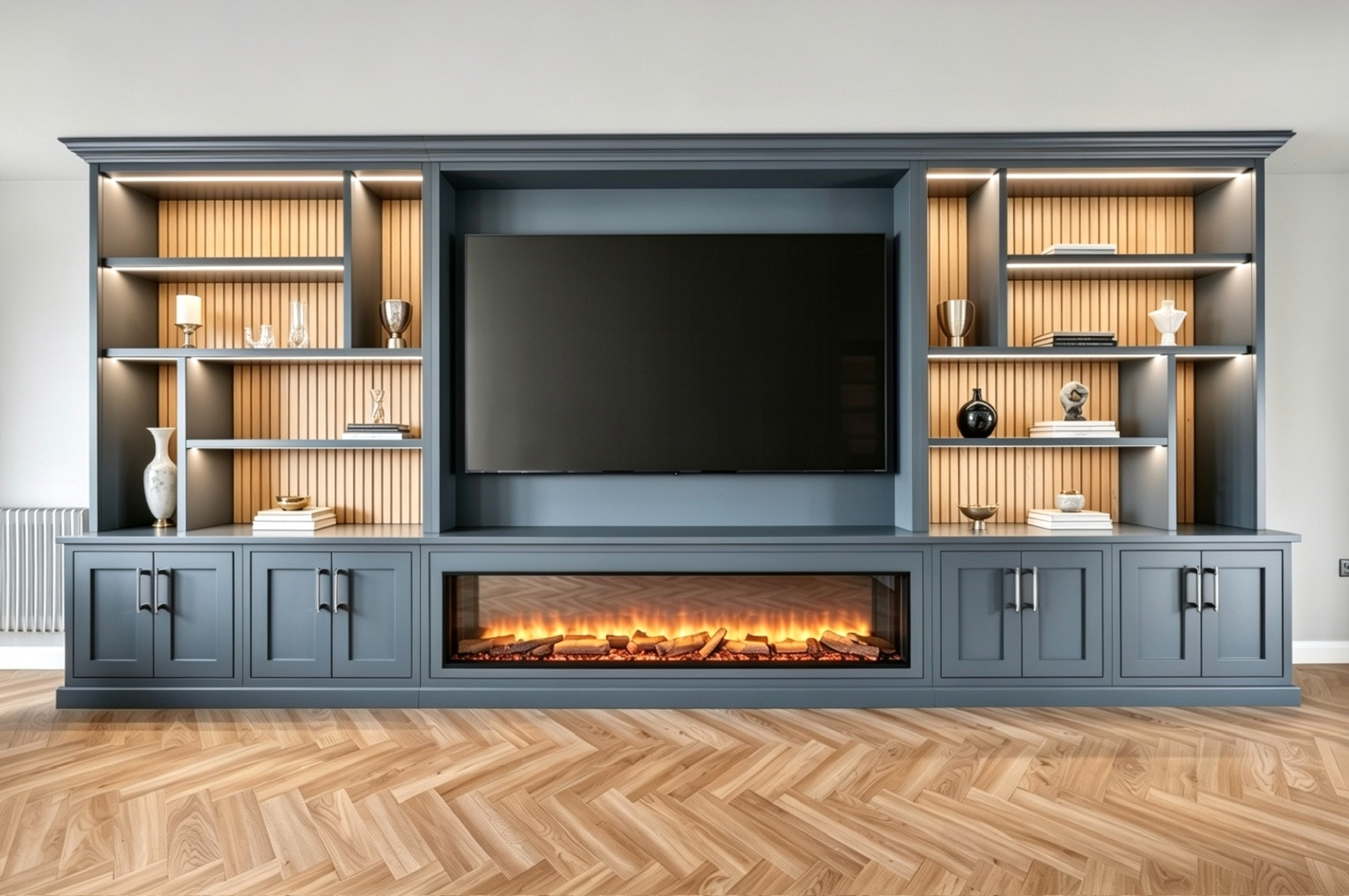 Belvedere Parade — bespoke navy media wall with oak slatted backing, electric fireplace, LED-lit shelving styled with ornaments