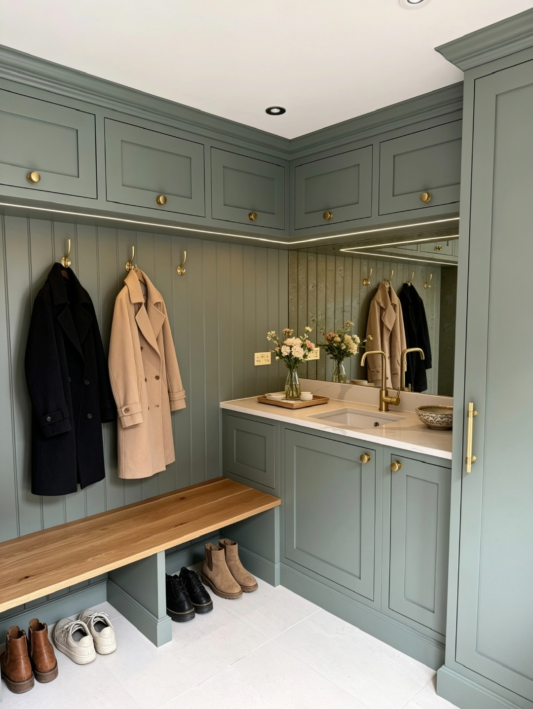 Bespoke sage green boot room with oak bench seat, brass coat hooks, tongue-and-groove panelling, vanity unit and mirror