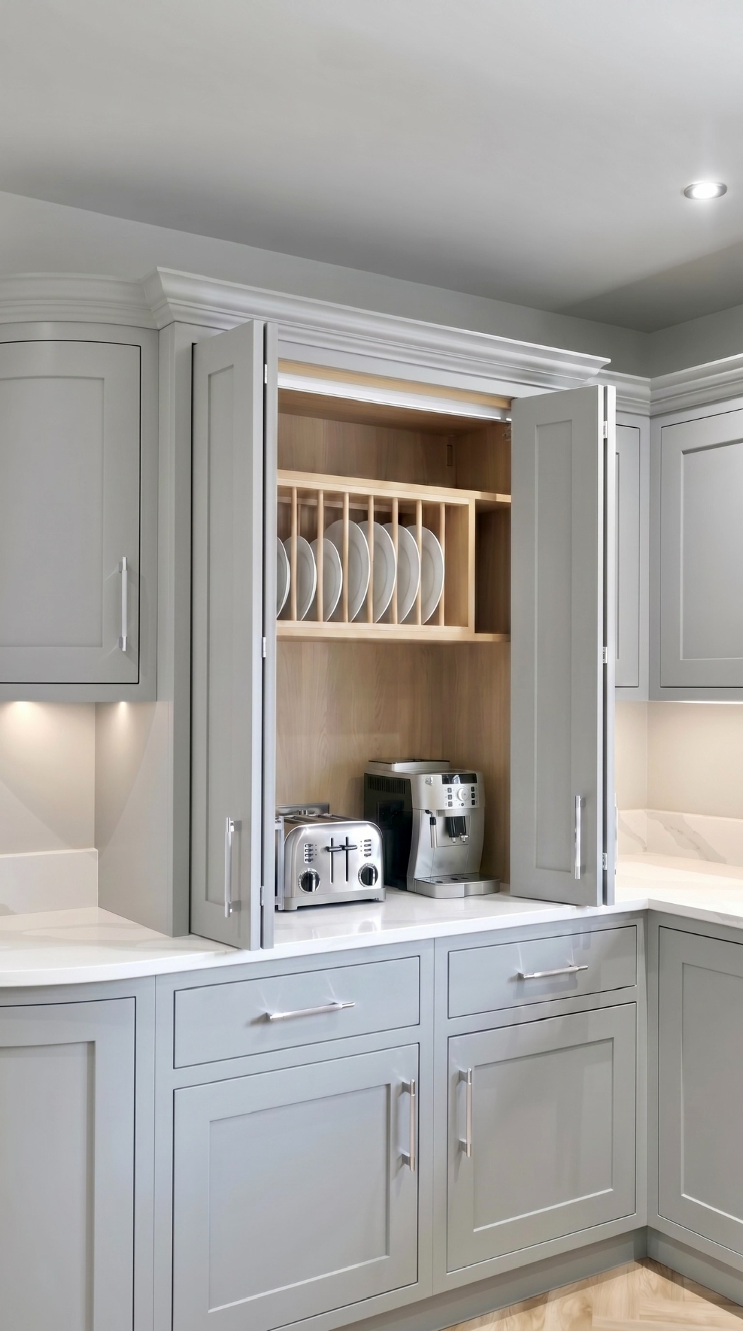 Open larder cupboard with oak plate rack stacked with plates, toaster and coffee machine — bespoke kitchen storage