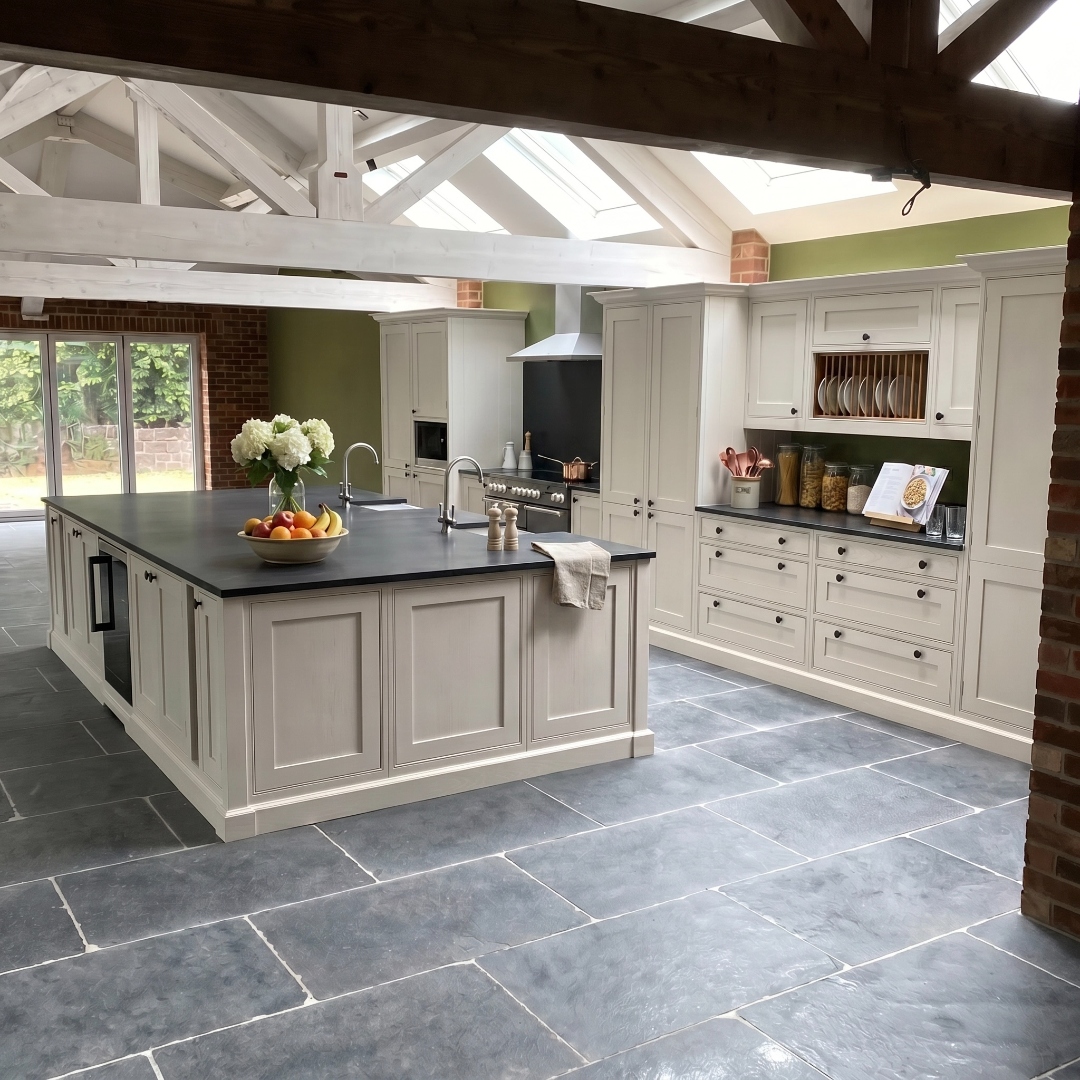 Willerby Lodge — bespoke cream in-frame kitchen with island, vaulted ceiling and exposed beams